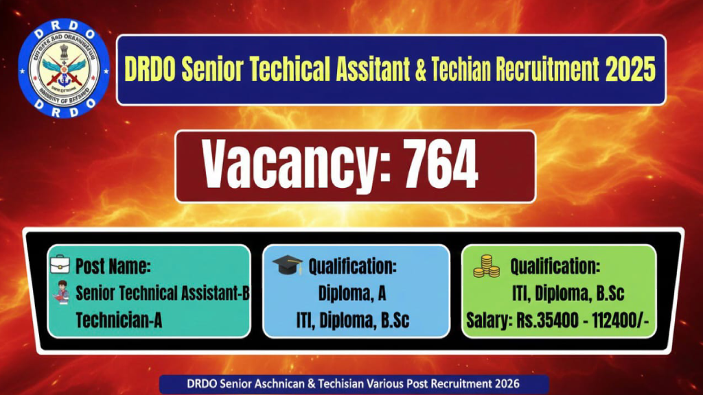 DRDO Senior Technical Assistant & Technician Various Post Recruitment 2025-26