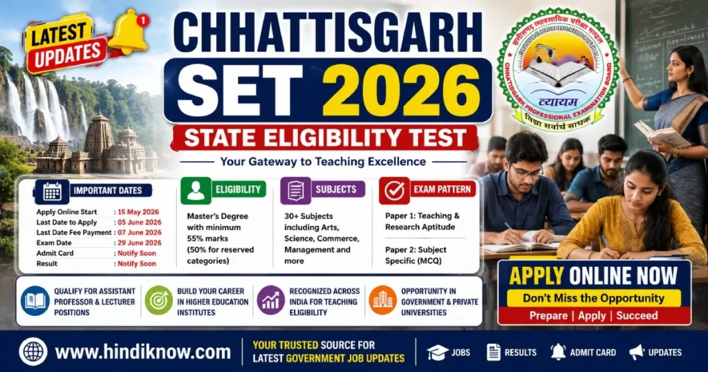 Chhattisgarh SET 2026: Online Form, Eligibility, Exam Date, Application Fee & Apply Online