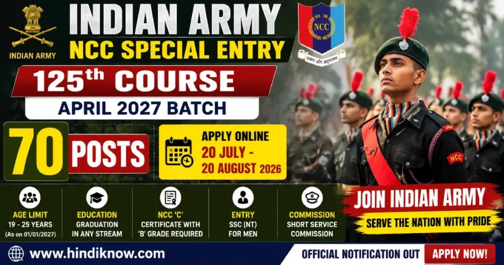 Indian Army NCC Special Entry Scheme 125th Course April 2027 Batch Recruitment 2026