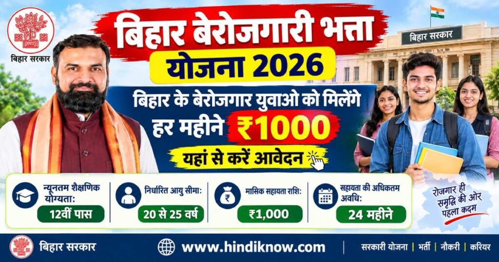 Bihar Berojgari Bhatta Yojana 2026: बिहार बेरोजगारी भत्ता योजना ऑनलाइन आवेदन, पात्रता, दस्तावेज और ₹1000 महीना